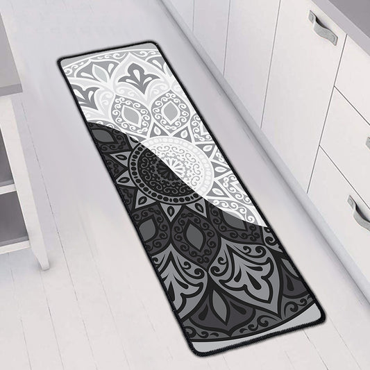 Black And White Yin Yang Mandala Print Long Kitchen Mat