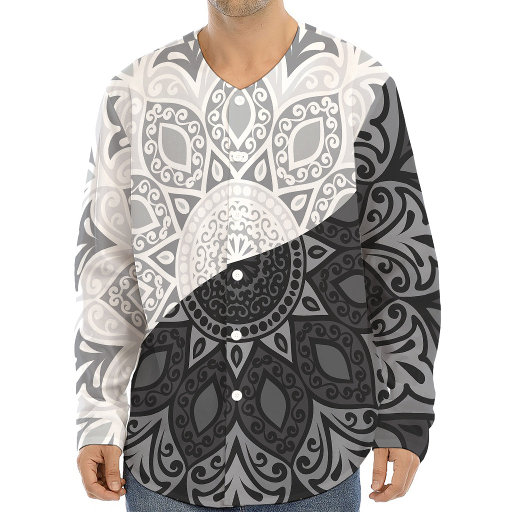 Black And White Yin Yang Mandala Print Long Sleeve Baseball Jersey