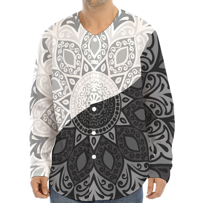 Black And White Yin Yang Mandala Print Long Sleeve Baseball Jersey