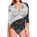 Black And White Yin Yang Mandala Print Long Sleeve Swimsuit