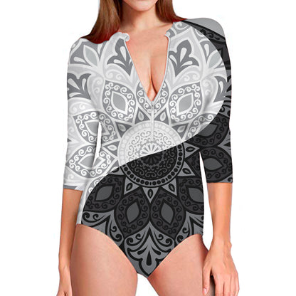Black And White Yin Yang Mandala Print Long Sleeve Swimsuit