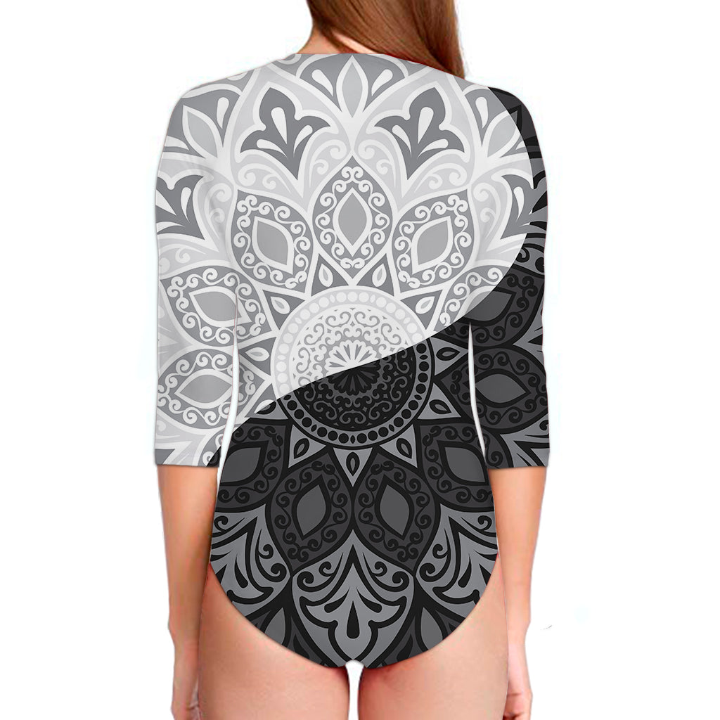 Black And White Yin Yang Mandala Print Long Sleeve Swimsuit