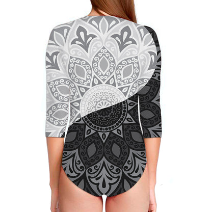 Black And White Yin Yang Mandala Print Long Sleeve Swimsuit