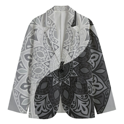 Black And White Yin Yang Mandala Print Men's Cotton Blazer