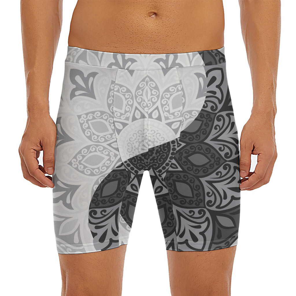 Black And White Yin Yang Mandala Print Men's Long Boxer Briefs