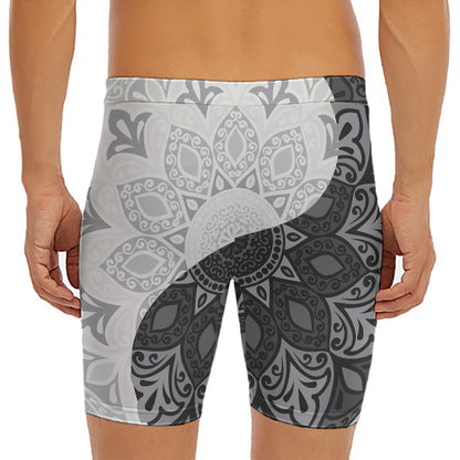 Black And White Yin Yang Mandala Print Men's Long Boxer Briefs