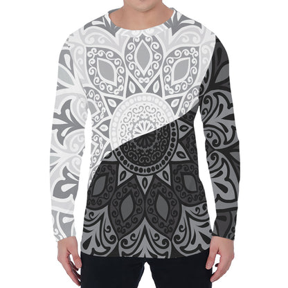 Black And White Yin Yang Mandala Print Men's Long Sleeve T-Shirt