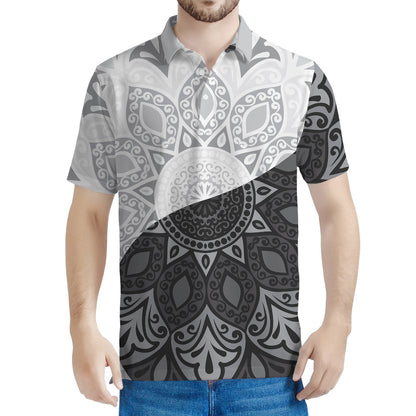 Black And White Yin Yang Mandala Print Men's Polo Shirt