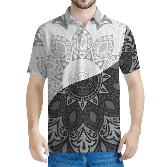 Black And White Yin Yang Mandala Print Men's Polo Shirt