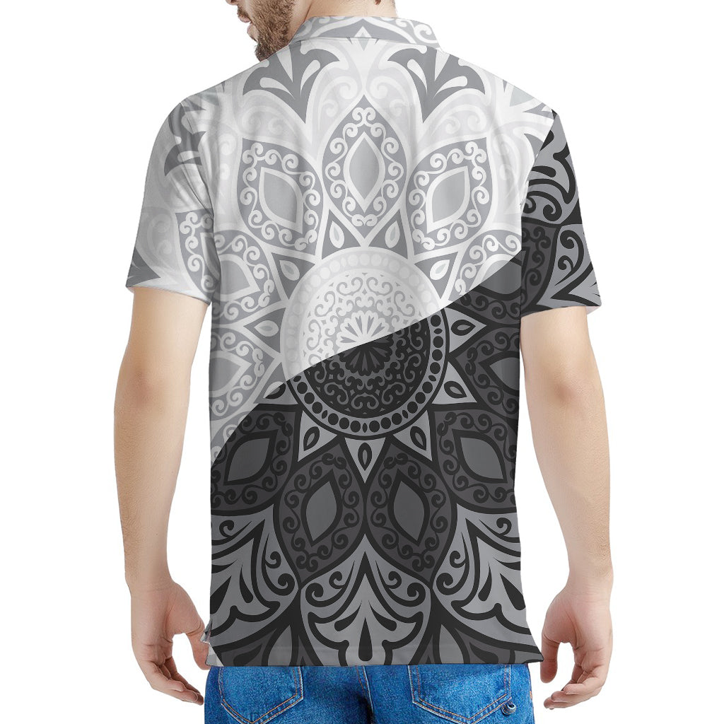 Black And White Yin Yang Mandala Print Men's Polo Shirt