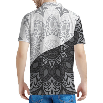 Black And White Yin Yang Mandala Print Men's Polo Shirt