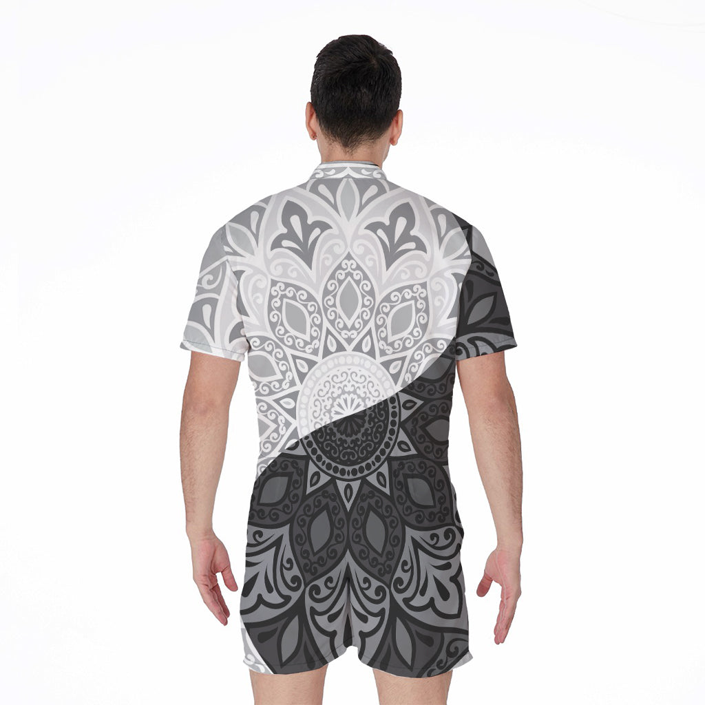 Black And White Yin Yang Mandala Print Men's Rompers