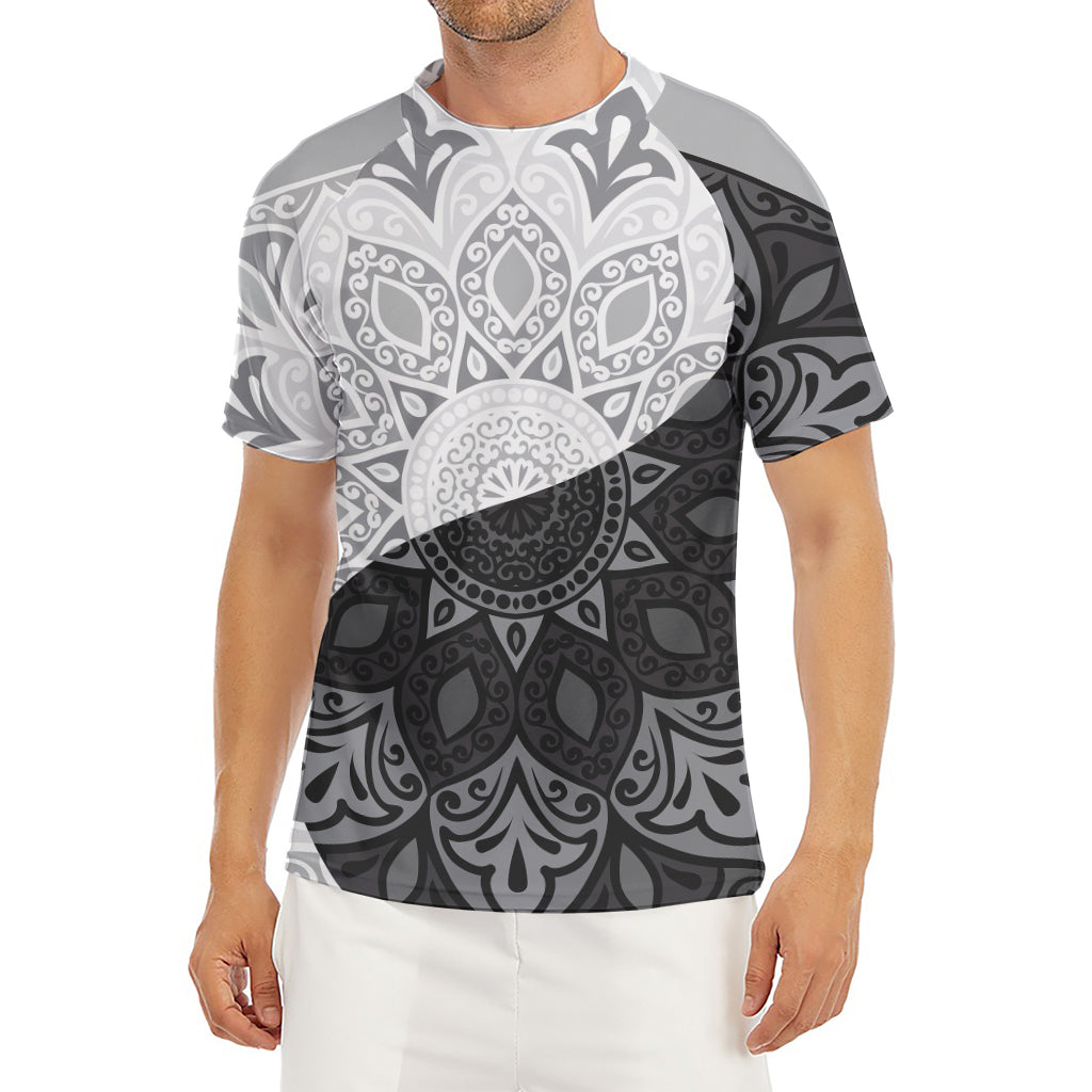 Black And White Yin Yang Mandala Print Men's Short Sleeve Rash Guard