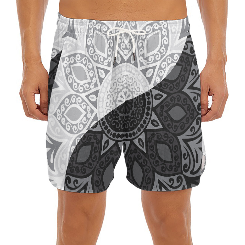 Black And White Yin Yang Mandala Print Men's Split Running Shorts