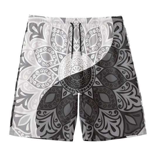 Black And White Yin Yang Mandala Print Men's Swim Trunks