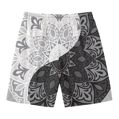 Black And White Yin Yang Mandala Print Men's Swim Trunks
