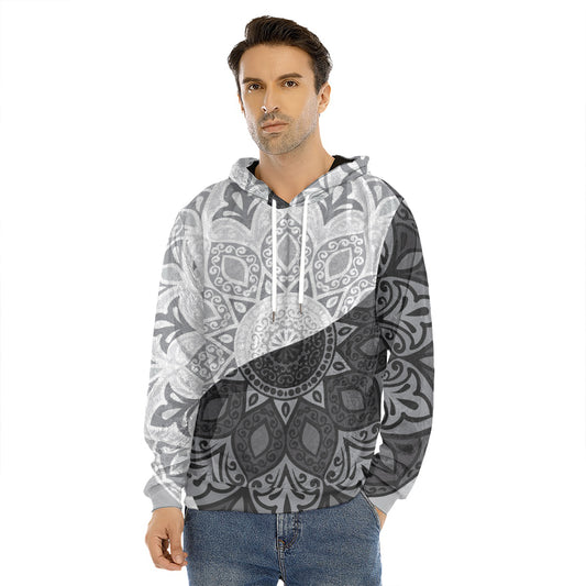 Black And White Yin Yang Mandala Print Men's Velvet Pullover Hoodie