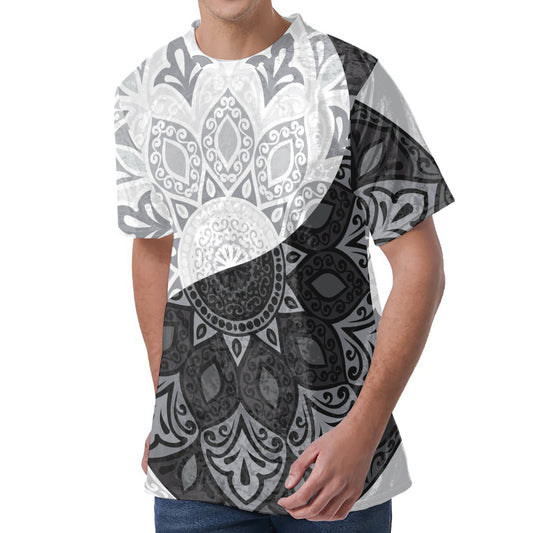 Black And White Yin Yang Mandala Print Men's Velvet T-Shirt