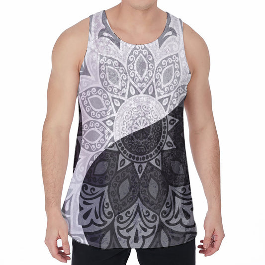 Black And White Yin Yang Mandala Print Men's Velvet Tank Top