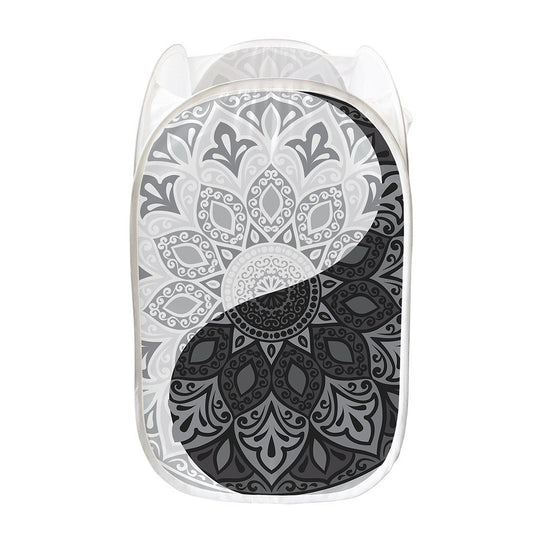 Black And White Yin Yang Mandala Print Mesh Laundry Hamper