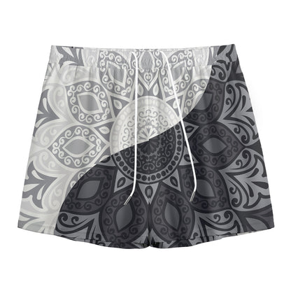 Black And White Yin Yang Mandala Print Mesh Shorts