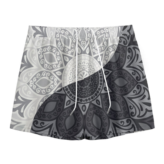 Black And White Yin Yang Mandala Print Mesh Shorts