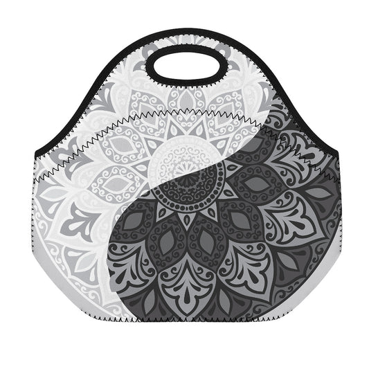 Black And White Yin Yang Mandala Print Neoprene Lunch Bag