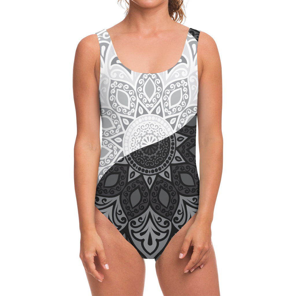 Black And White Yin Yang Mandala Print One Piece Swimsuit