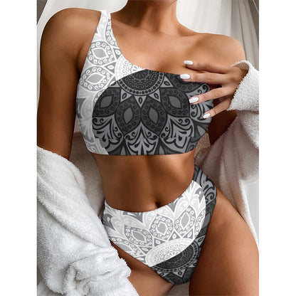 Black And White Yin Yang Mandala Print One Shoulder Bikini Top