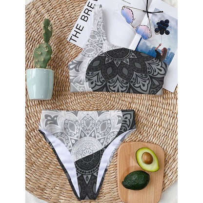 Black And White Yin Yang Mandala Print One Shoulder Bikini Top
