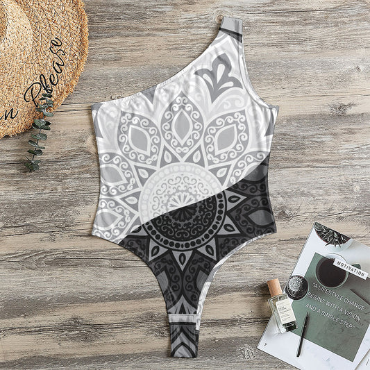 Black And White Yin Yang Mandala Print One Shoulder Bodysuit