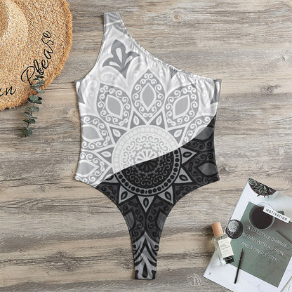 Black And White Yin Yang Mandala Print One Shoulder Bodysuit