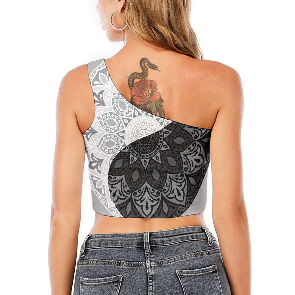 Black And White Yin Yang Mandala Print One Shoulder Crop Top