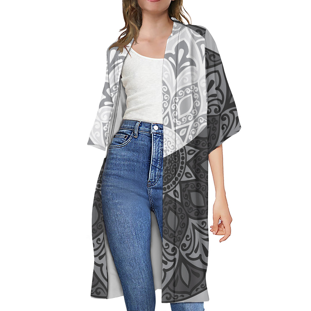 Black And White Yin Yang Mandala Print Open Front Beach Cover Up