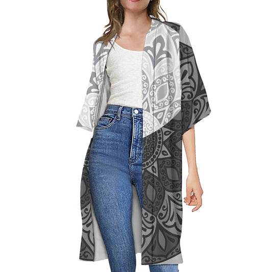 Black And White Yin Yang Mandala Print Open Front Beach Cover Up