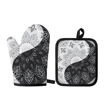 Black And White Yin Yang Mandala Print Oven Mitt And Pot Holder Set