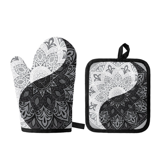 Black And White Yin Yang Mandala Print Oven Mitt And Pot Holder Set