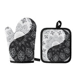 Black And White Yin Yang Mandala Print Oven Mitt And Pot Holder Set