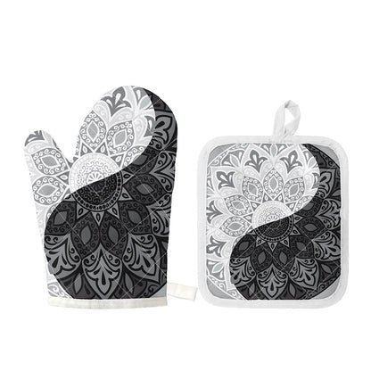 Black And White Yin Yang Mandala Print Oven Mitt And Pot Holder Set
