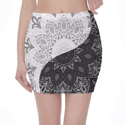 Black And White Yin Yang Mandala Print Pencil Mini Skirt