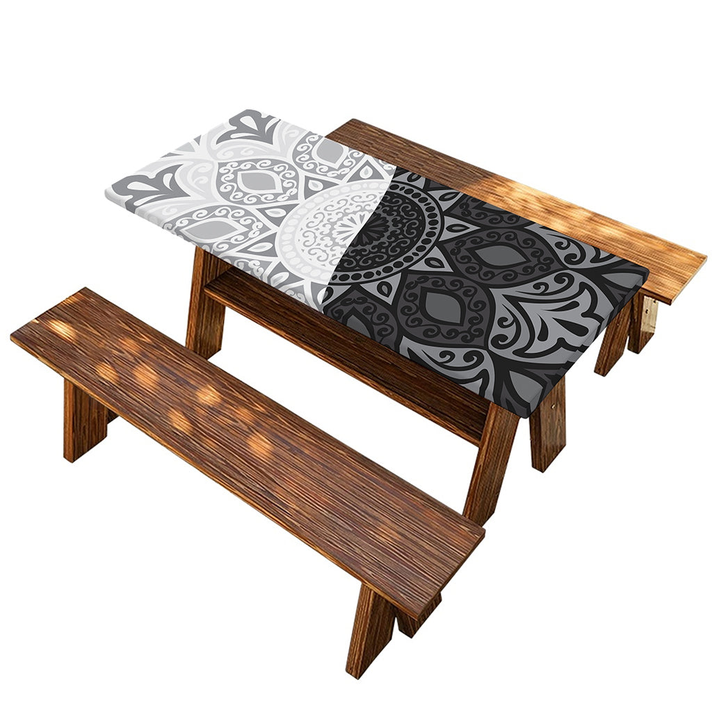 Black And White Yin Yang Mandala Print Picnic Table Cover