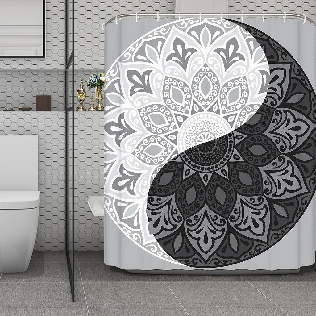Black And White Yin Yang Mandala Print Polyester Shower Curtain