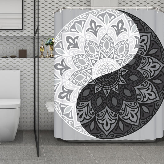 Black And White Yin Yang Mandala Print Polyester Shower Curtain