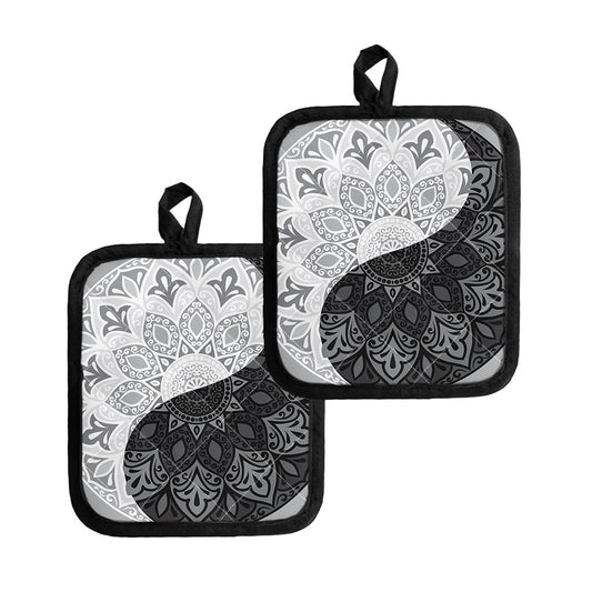 Black And White Yin Yang Mandala Print Pot Holders