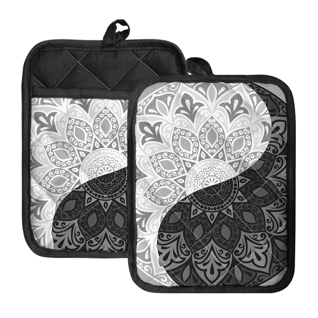 Black And White Yin Yang Mandala Print Pot Holders With Pocket
