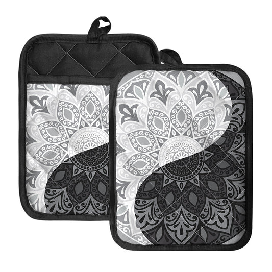 Black And White Yin Yang Mandala Print Pot Holders With Pocket