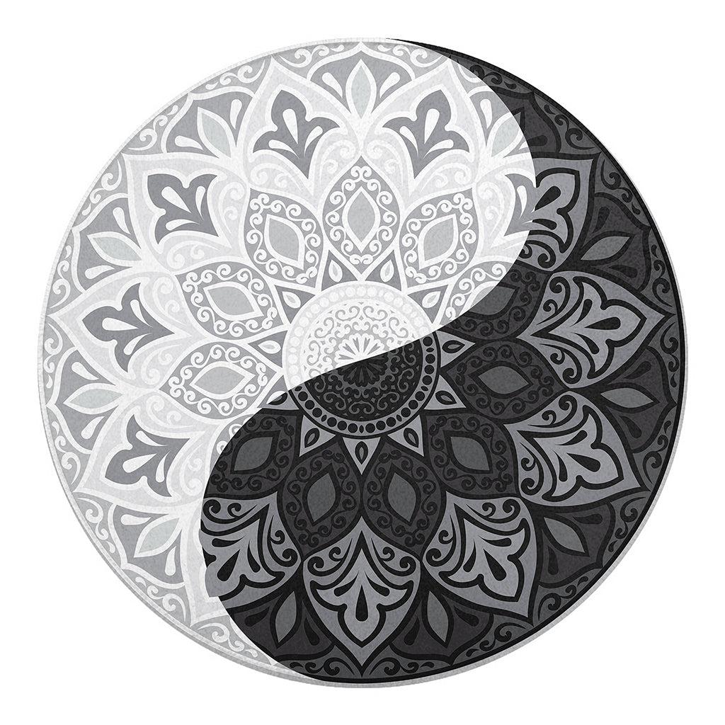Black And White Yin Yang Mandala Print Round Blanket