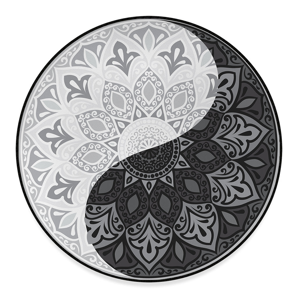 Black And White Yin Yang Mandala Print Round Floor Mat