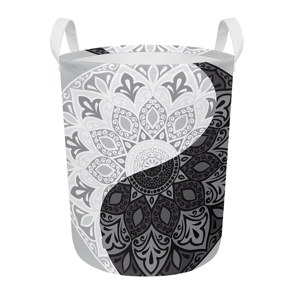 Black And White Yin Yang Mandala Print Round Laundry Basket