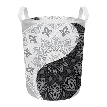 Black And White Yin Yang Mandala Print Round Laundry Basket